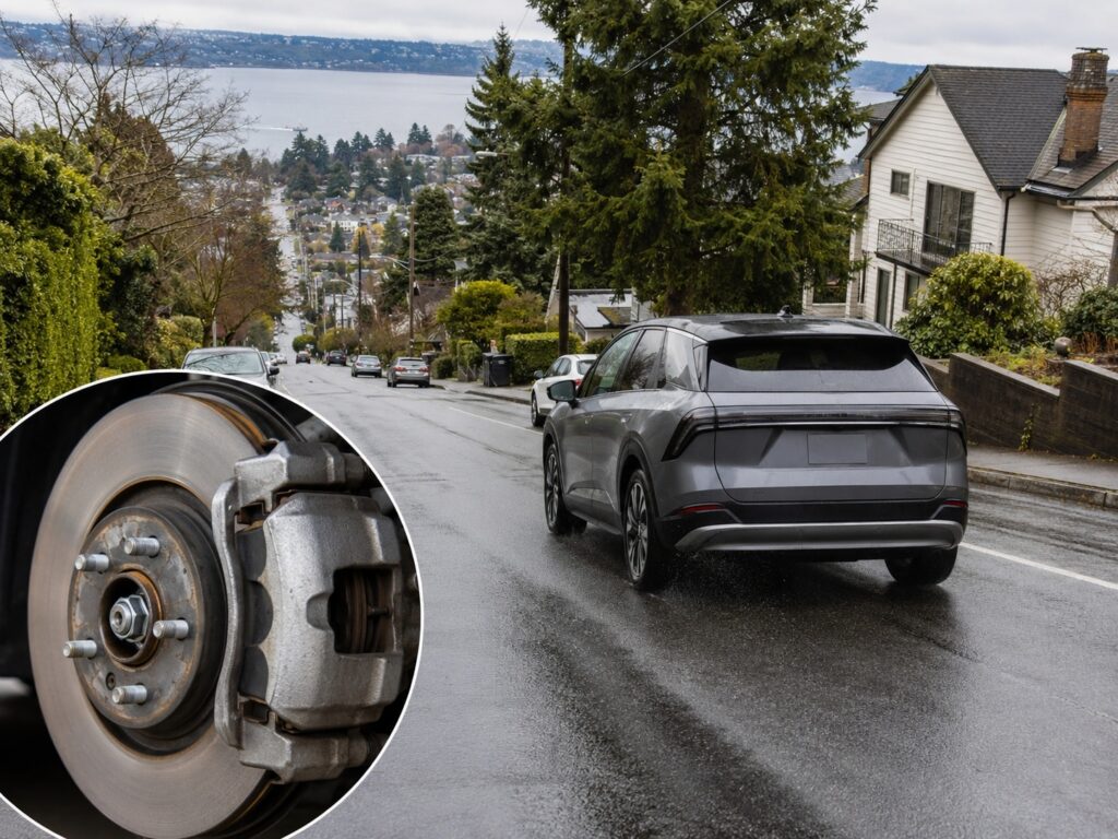 Hybrid or electric vehicle descending a wet Magnolia hill with an inset showing light corrosion on a disc brake rotor.