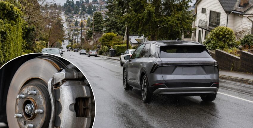 Hybrid or electric vehicle descending a wet Magnolia hill with an inset showing light corrosion on a disc brake rotor.