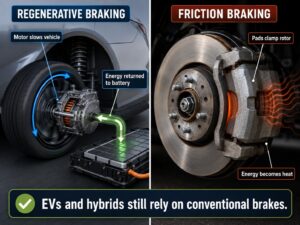 Diagram comparing regenerative braking through an electric motor with conventional disc brake operation.