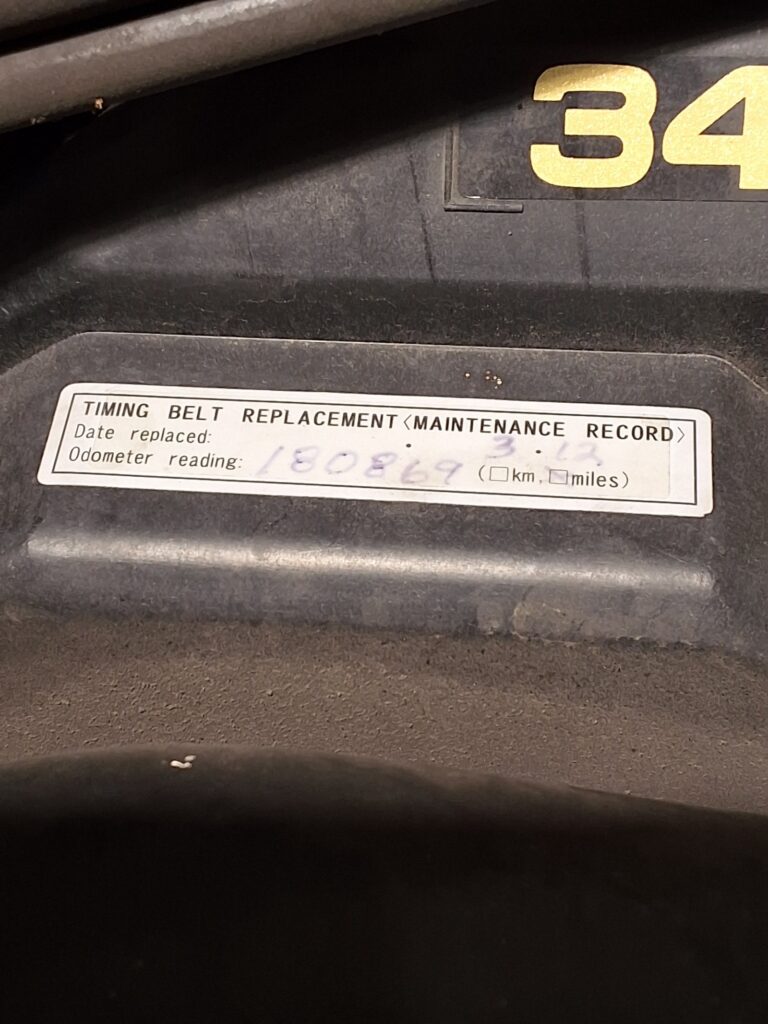 Timing belt service information inspected on a high mileage Toyota 4Runner.